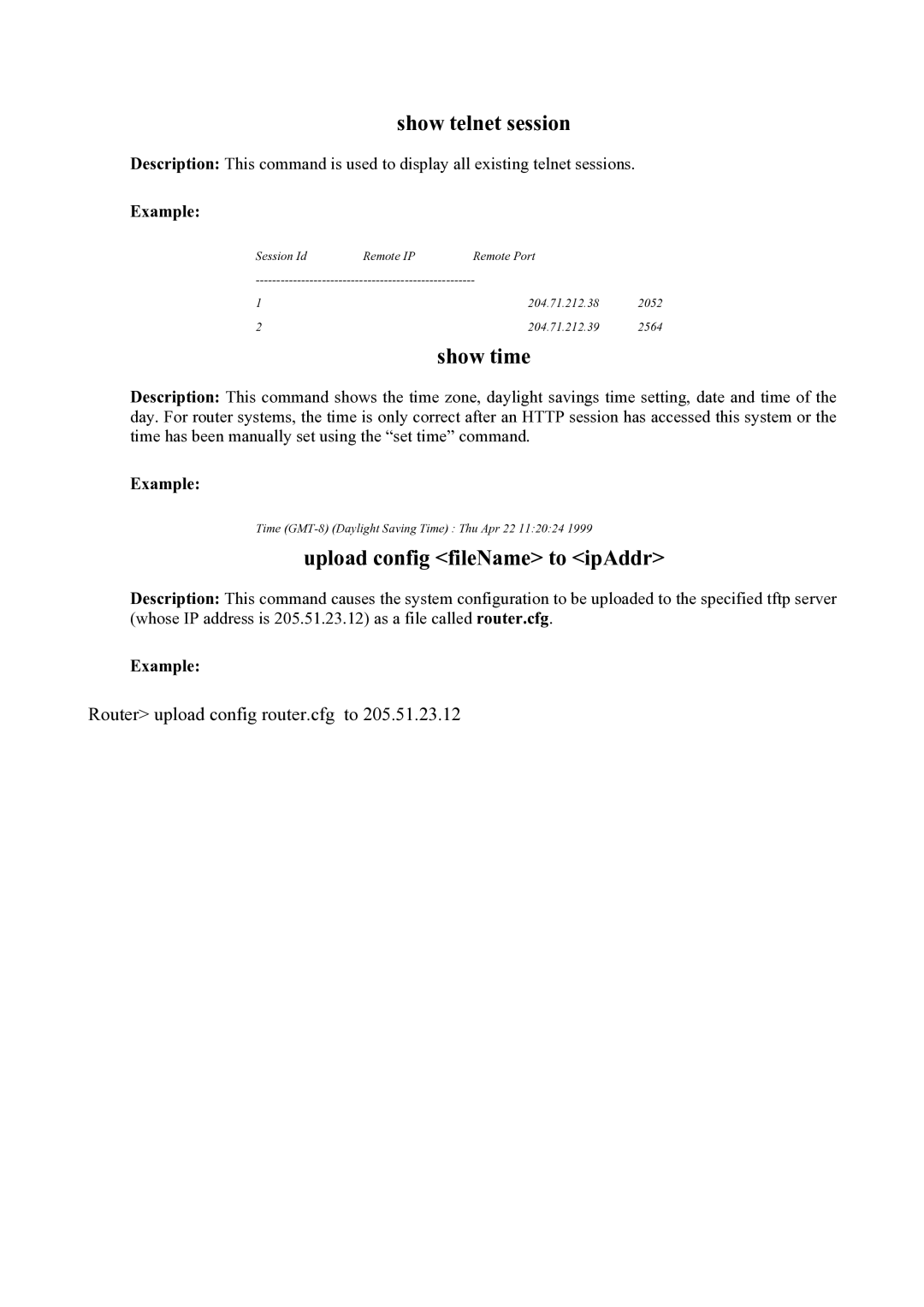 Atlantis Land Mistral Lan Router ISDN manual Show telnet session, Show time, Upload config fileName to ipAddr 