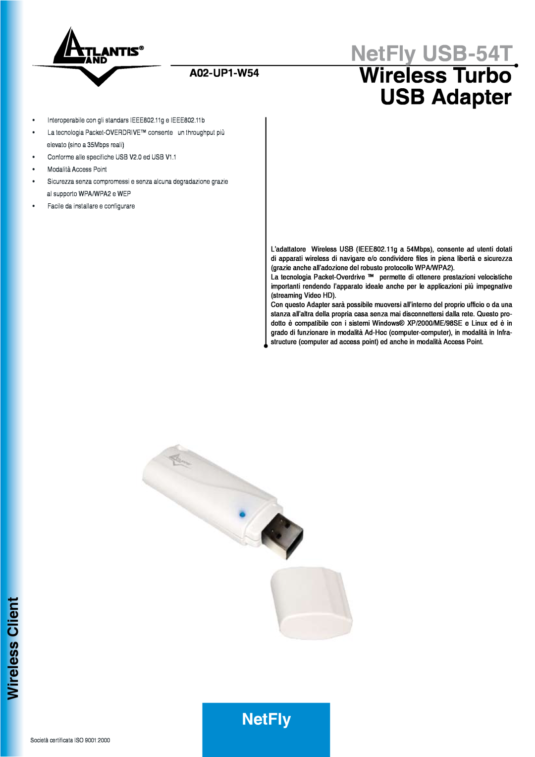Atlantis Land NetFly USB-54T manual A02-UP1-W54Wireless Turbo USB Adapter, Facile da installare e configurare 