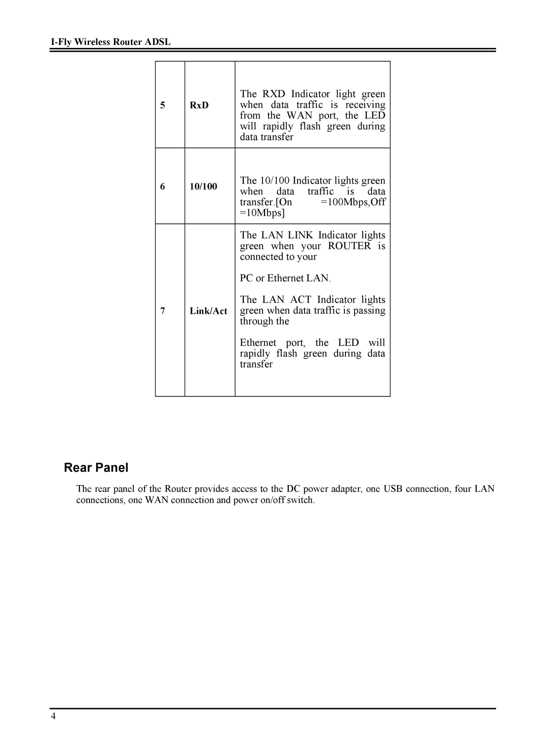 Atlantis Land Network Router manual Rear Panel, RxD, 10/100, Link/Act 