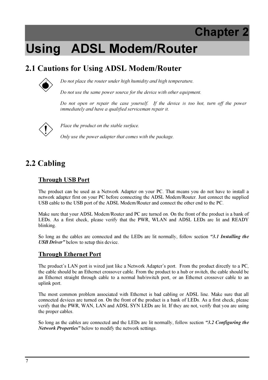 Atlantis Land Network Router manual Using Adsl Modem/Router, Cabling 