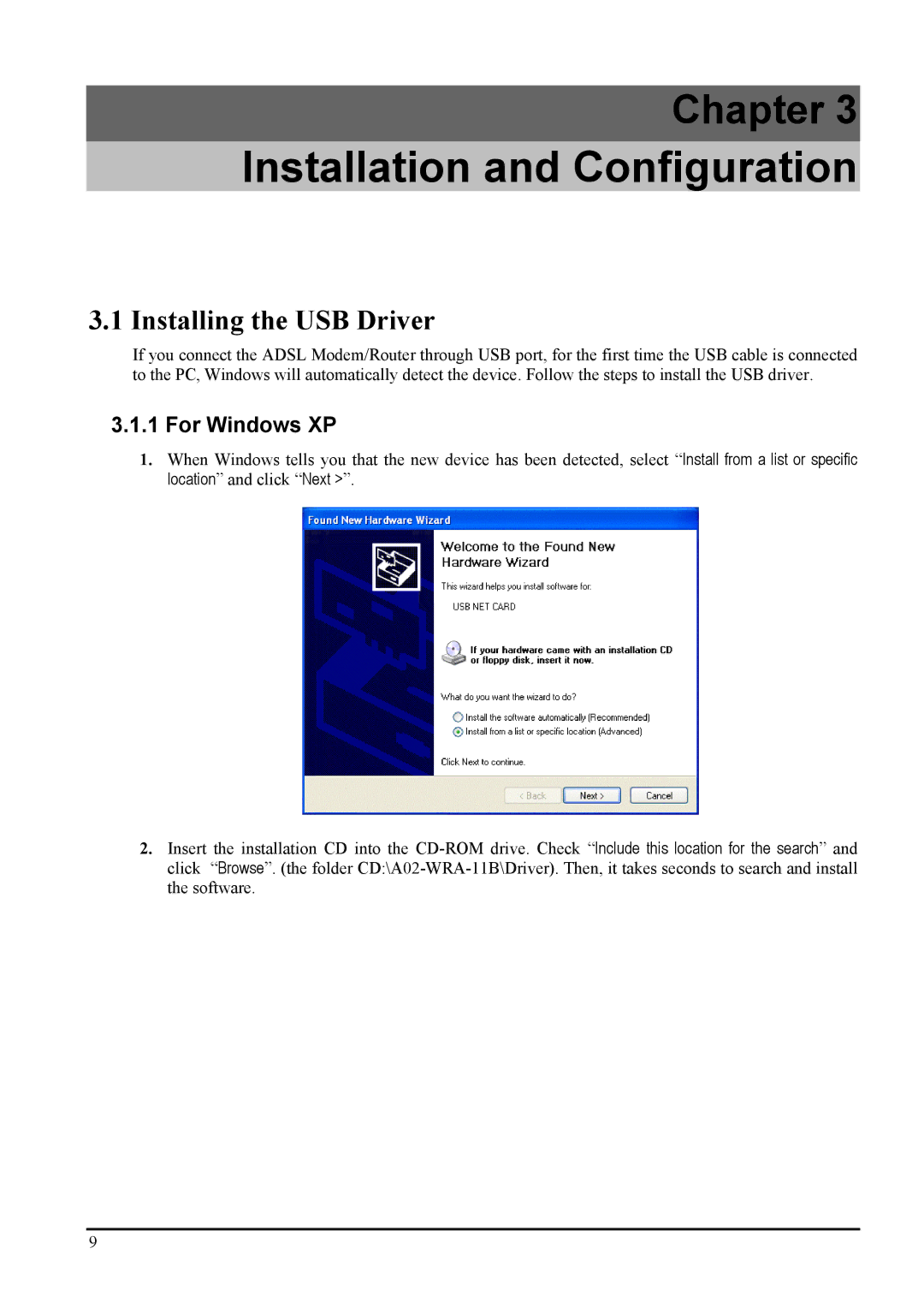 Atlantis Land Network Router manual Installing the USB Driver, For Windows XP 