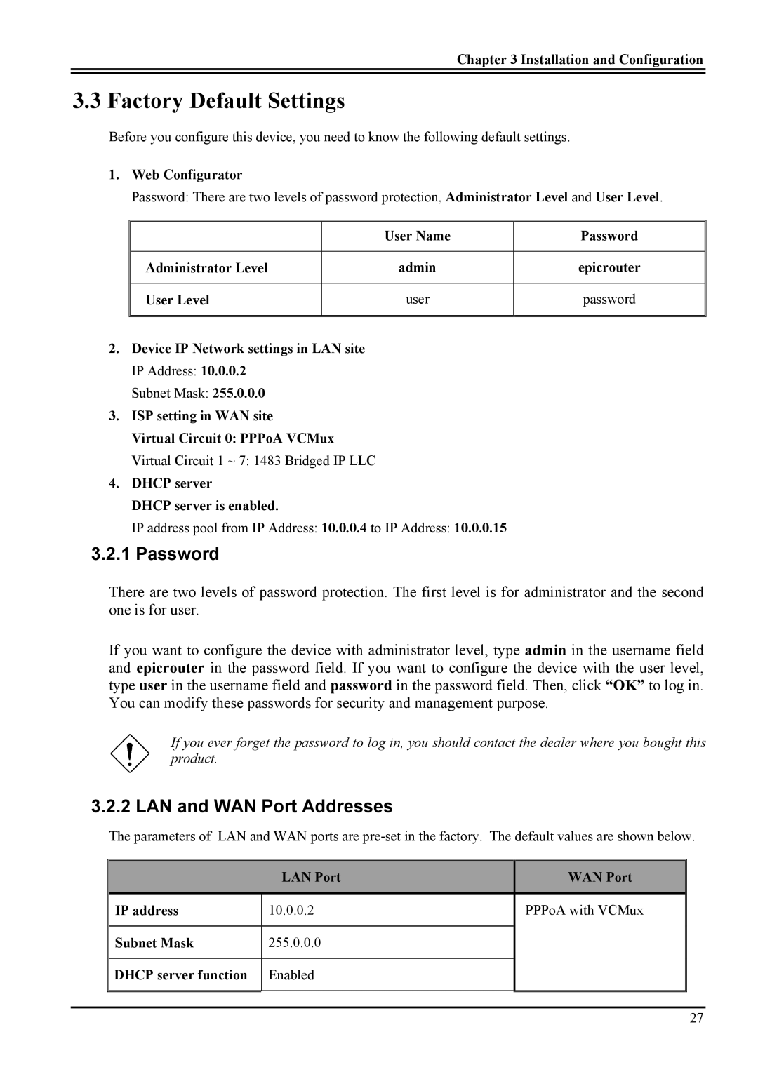 Atlantis Land Network Router manual Factory Default Settings, Password, LAN and WAN Port Addresses 