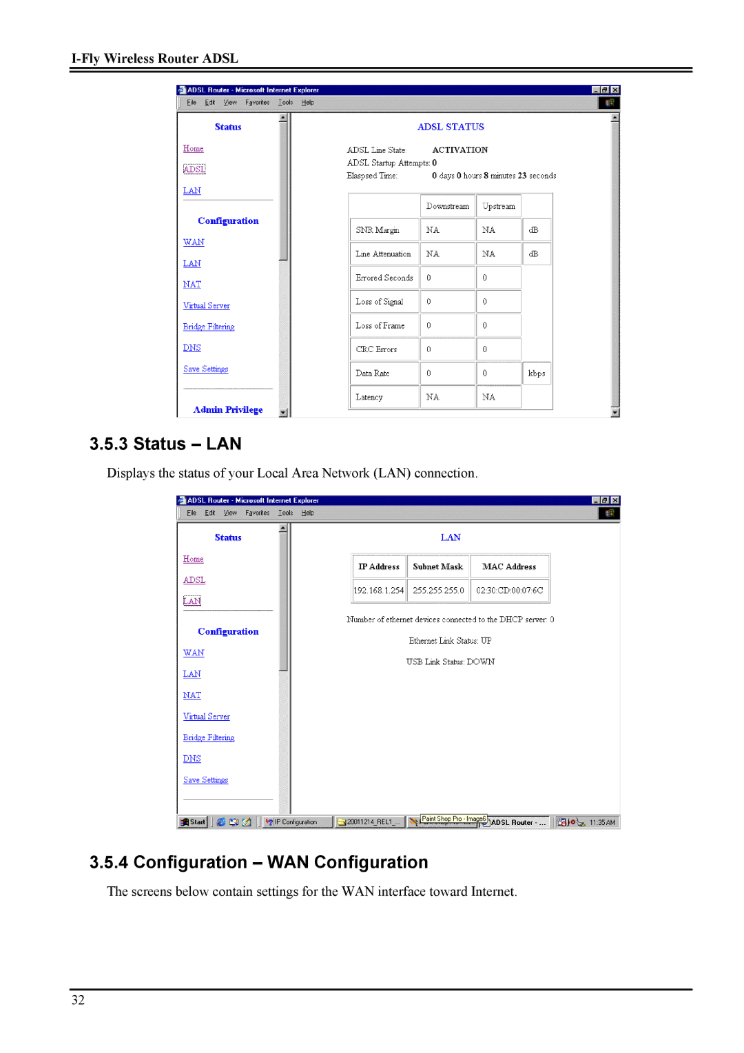 Atlantis Land Network Router manual Status LAN, Configuration WAN Configuration 