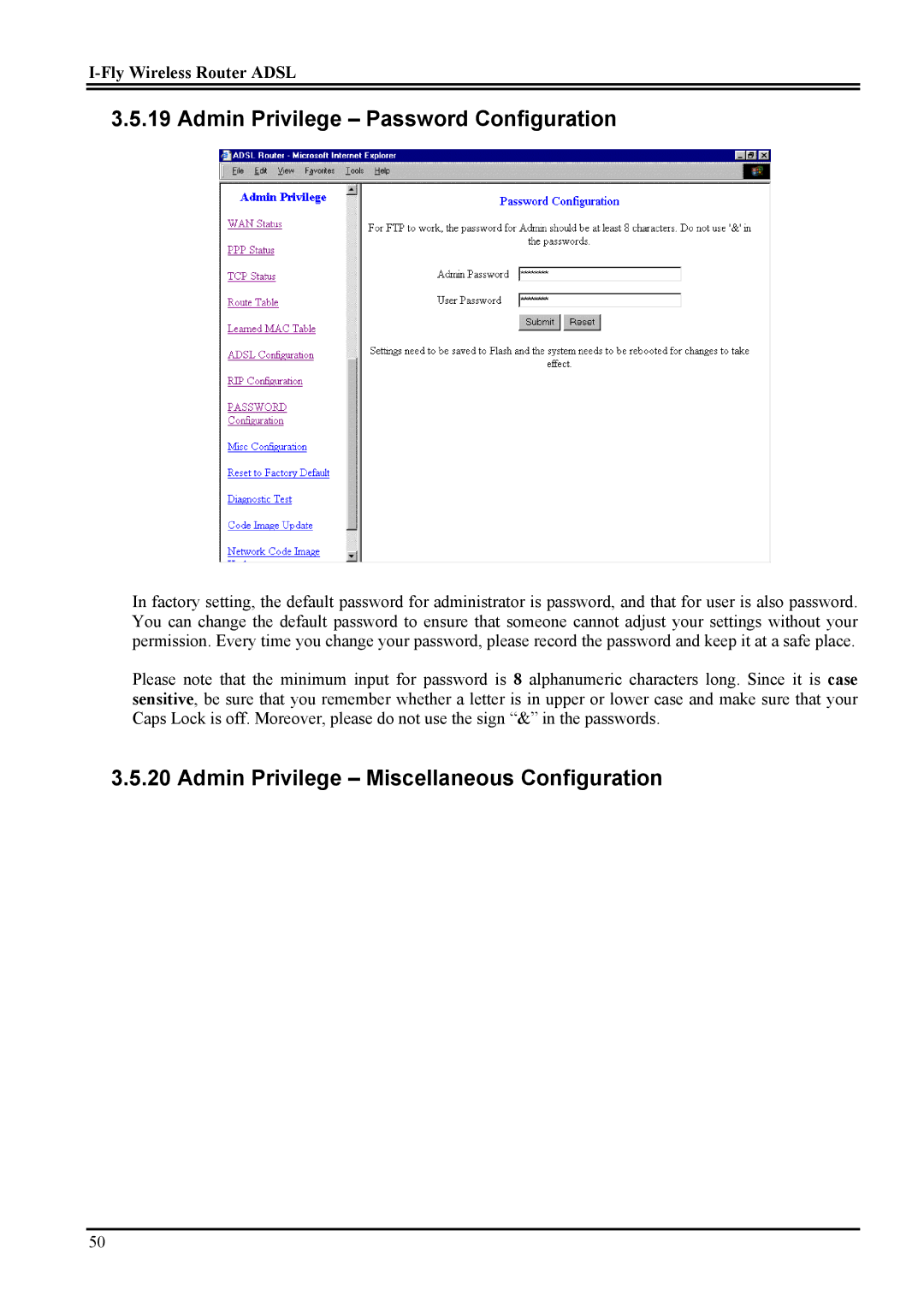 Atlantis Land Network Router manual Admin Privilege Password Configuration, Admin Privilege Miscellaneous Configuration 