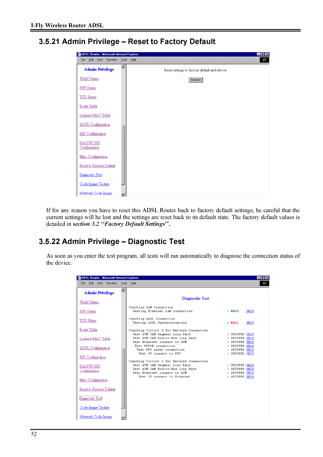 Atlantis Land Network Router manual Admin Privilege Reset to Factory Default, Admin Privilege Diagnostic Test 