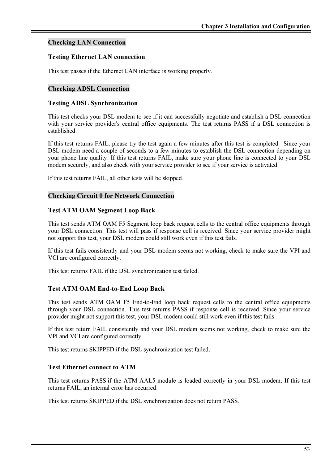 Atlantis Land Network Router manual Checking LAN Connection Testing Ethernet LAN connection 