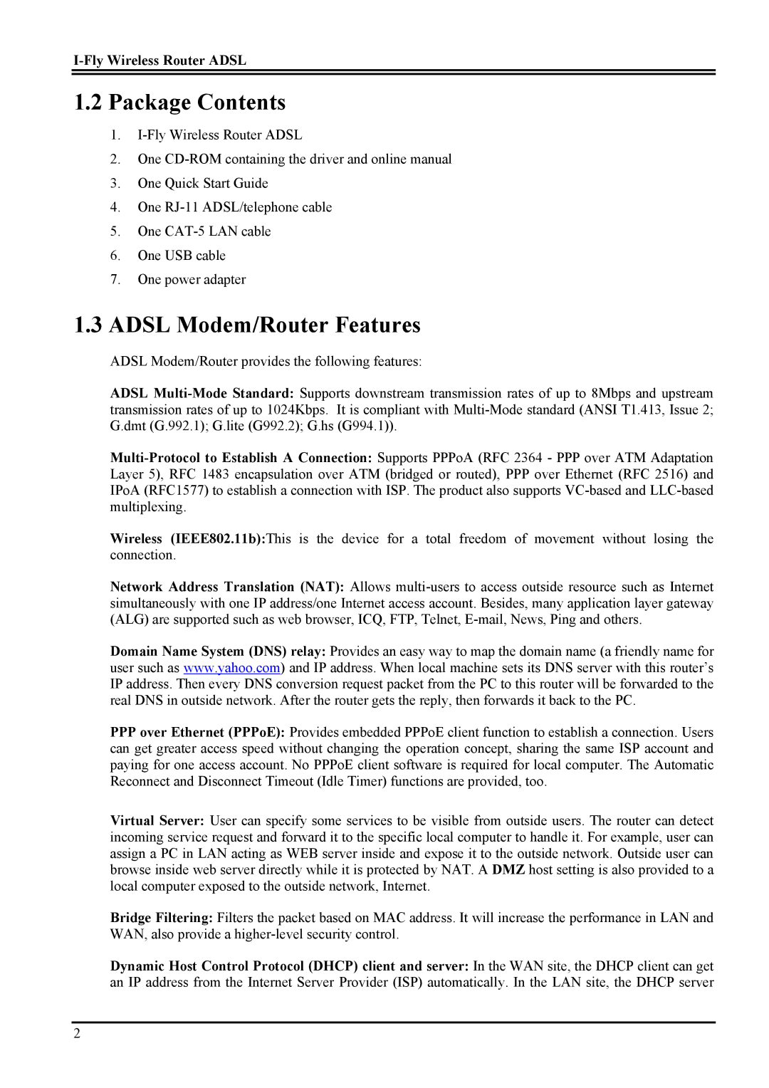 Atlantis Land Network Router manual Package Contents, Adsl Modem/Router Features 