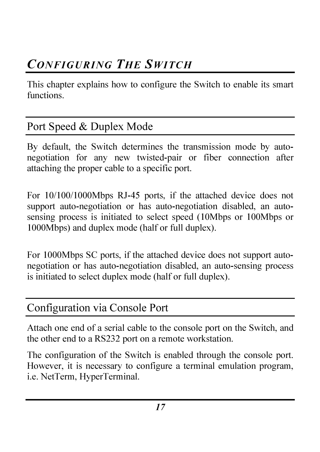 Atlantis Land Rack Gigabit Switch Layer 2 Port Speed & Duplex Mode, Configuration via Console Port, Configuring the Switch 