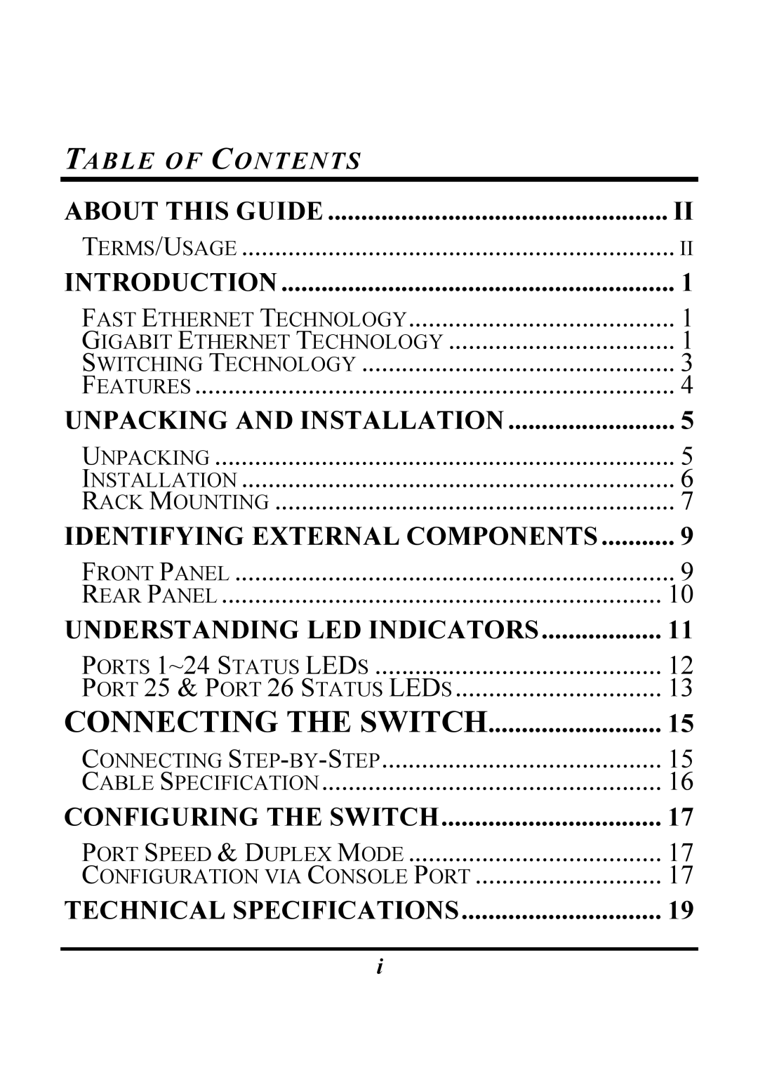 Atlantis Land 1000BASE-T, 1000BASE-SX, Rack Gigabit Switch Layer 2 manual About this Guide, Table of Contents 