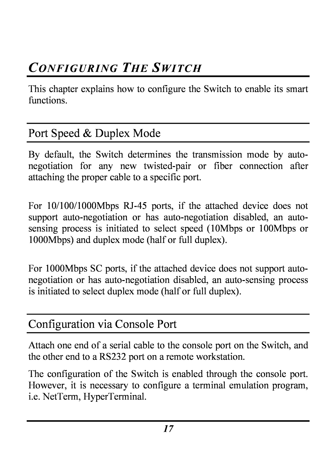 Atlantis Land Rack Gigabit Switch Layer 2 Port Speed & Duplex Mode, Configuration via Console Port, Configuring The Switch 
