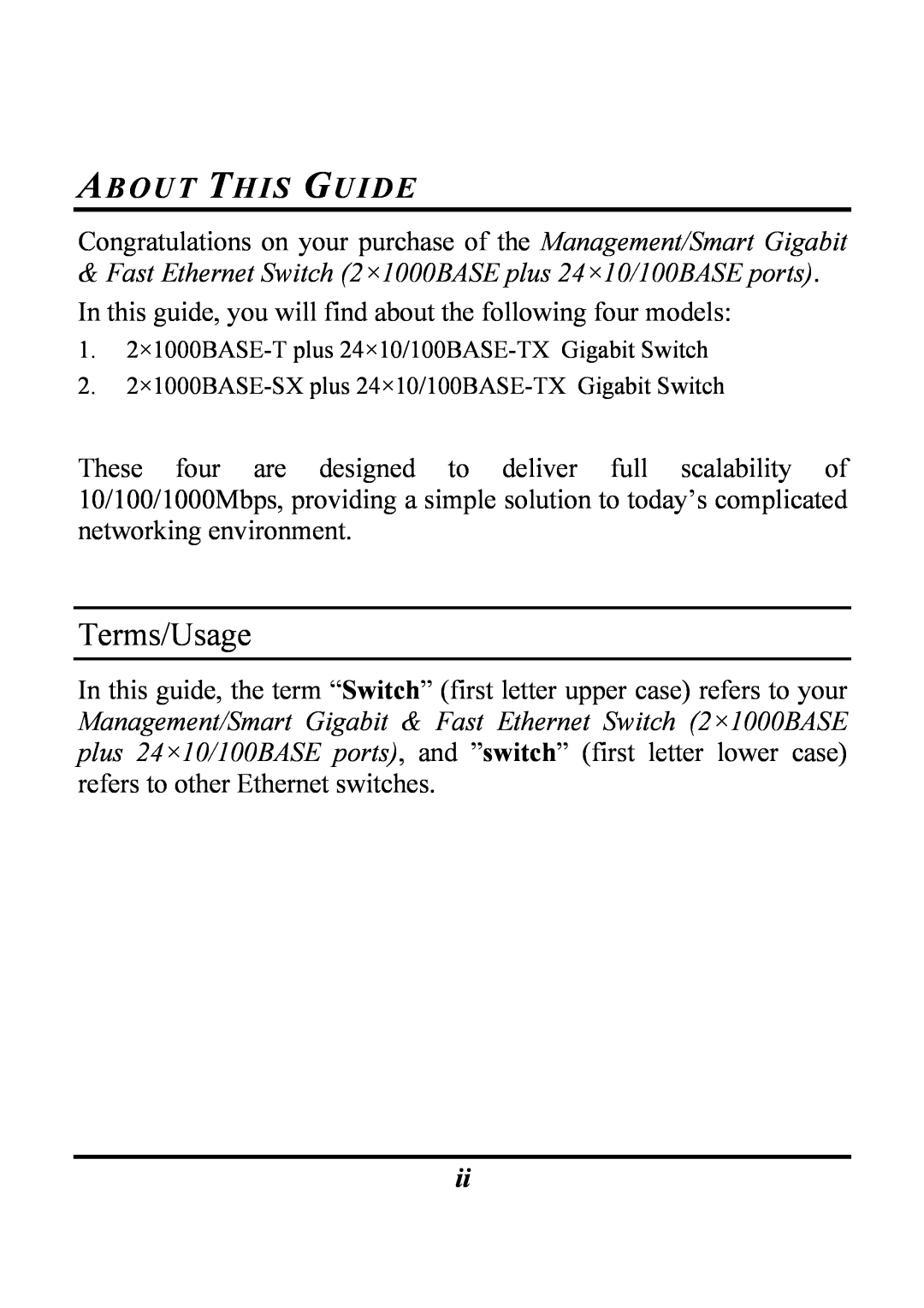 Atlantis Land 1000BASE-SX, 1000BASE-T, Rack Gigabit Switch Layer 2 manual Terms/Usage, About This Guide 