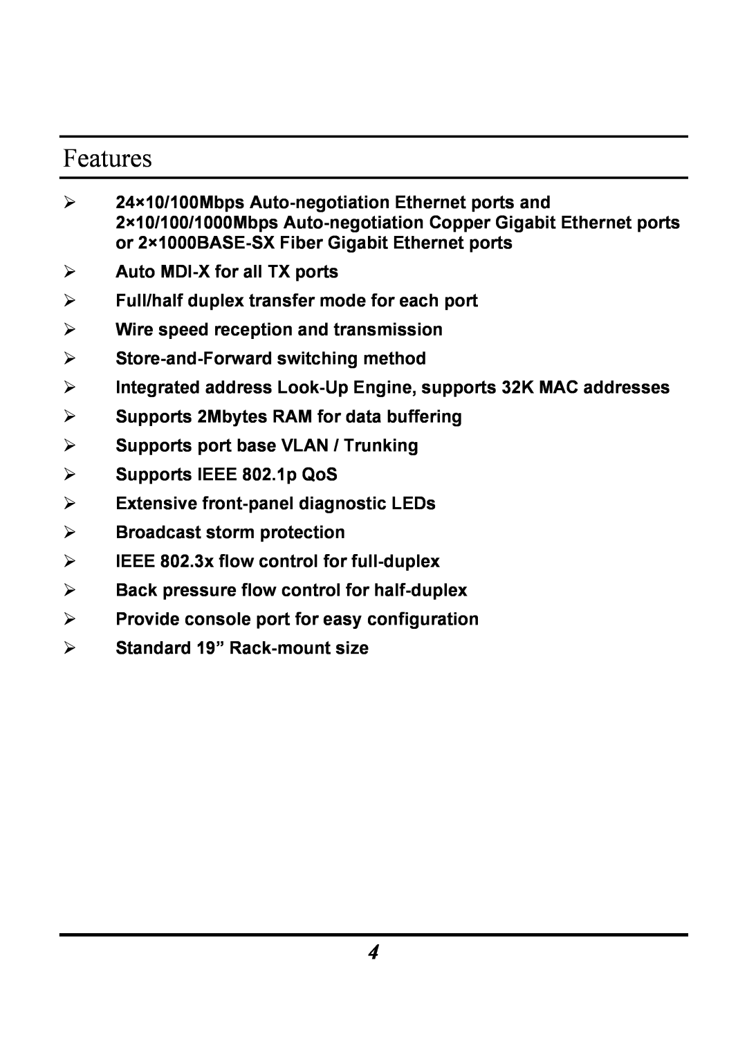 Atlantis Land Rack Gigabit Switch Layer 2, 1000BASE-T, 1000BASE-SX manual Features 