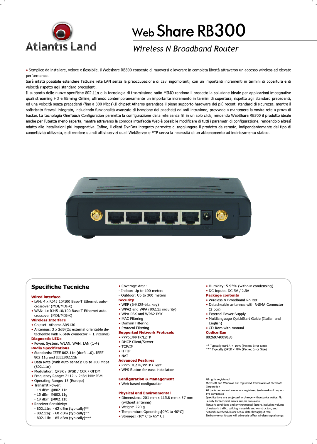 Atlantis Land RB-W300 Wired interface, Wireless Interface, Diagnostic LEDs, Radio Speciﬁcations, Security, Codice Ean 