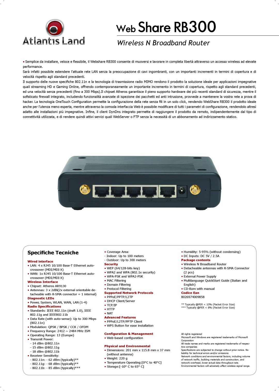 Atlantis Land RB-W300 manual Web ShareRB300, Wireless N Broadband Router, Speciﬁche Tecniche 