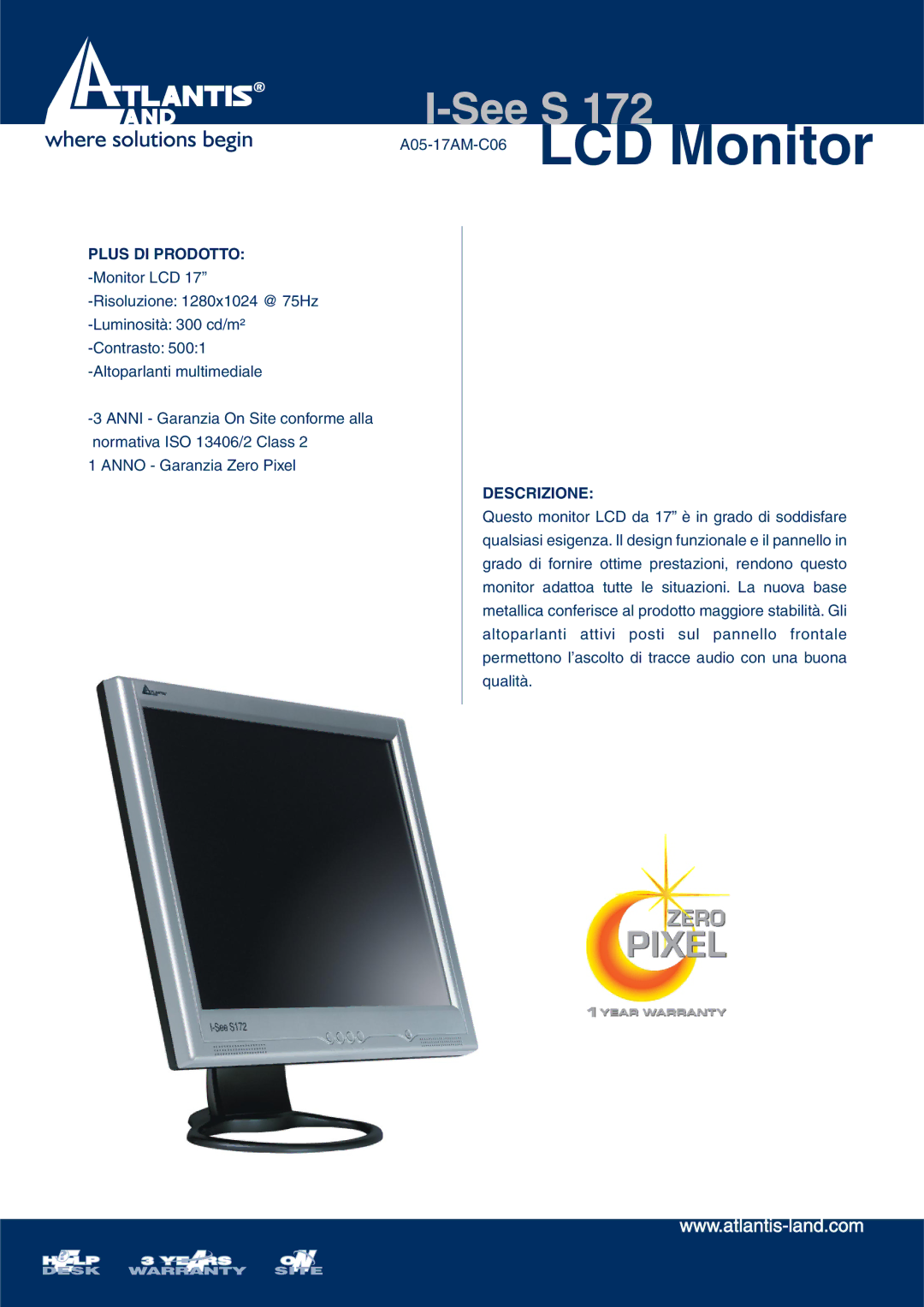 Atlantis Land S 172 manual See S, Plus DI Prodotto, Descrizione 