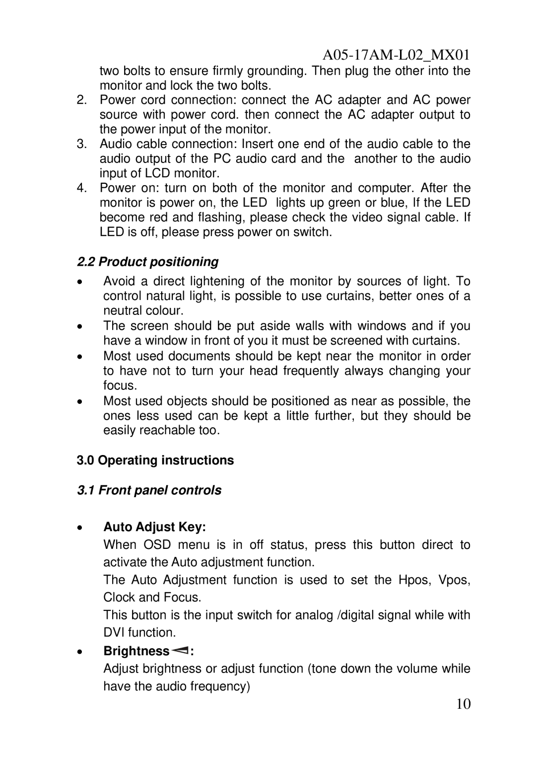 Atlantis Land S 173 Product positioning, Operating instructions, Front panel controls, Auto Adjust Key, Brightness 