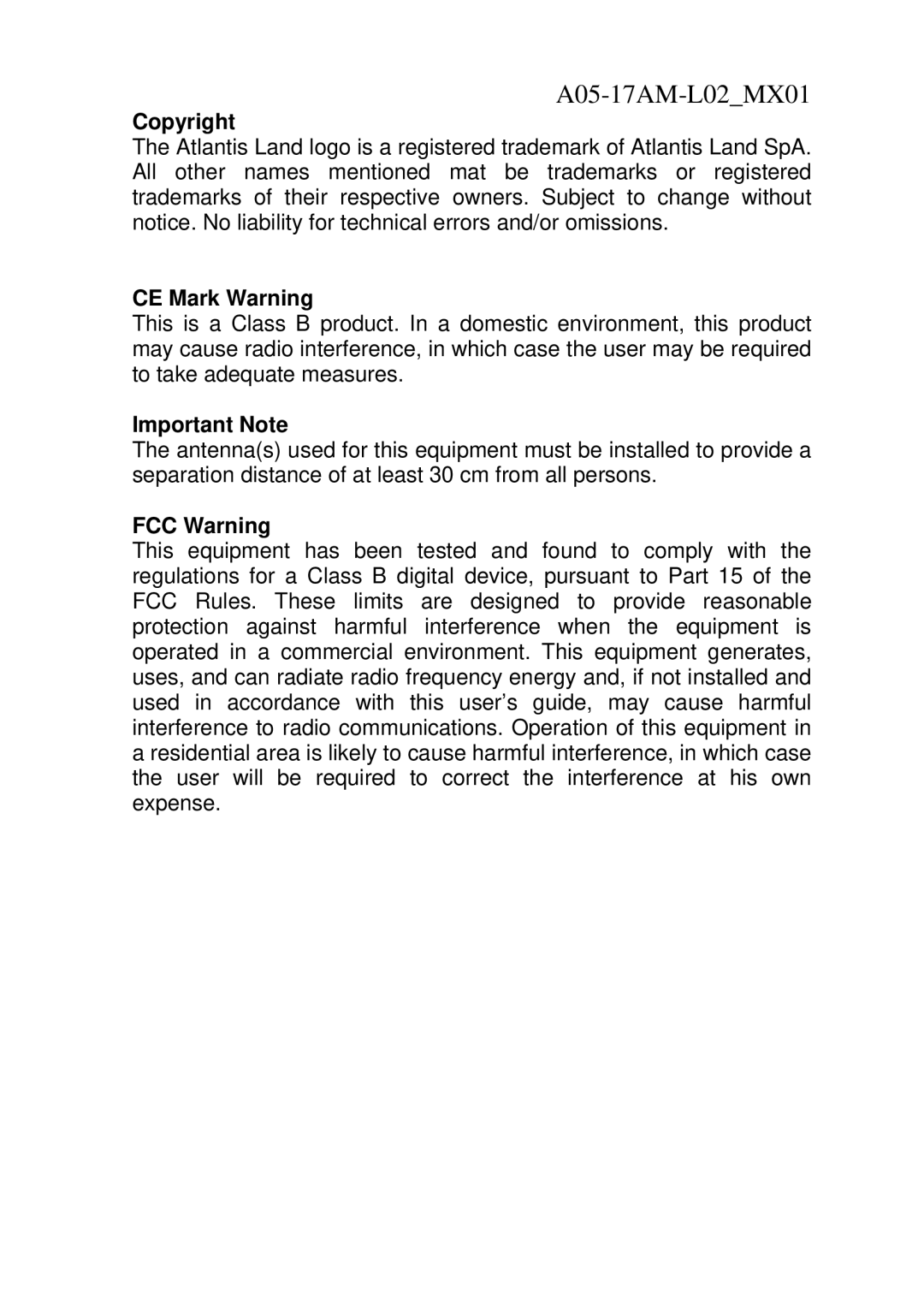 Atlantis Land S 173 user manual Copyright, CE Mark Warning, Important Note, FCC Warning 