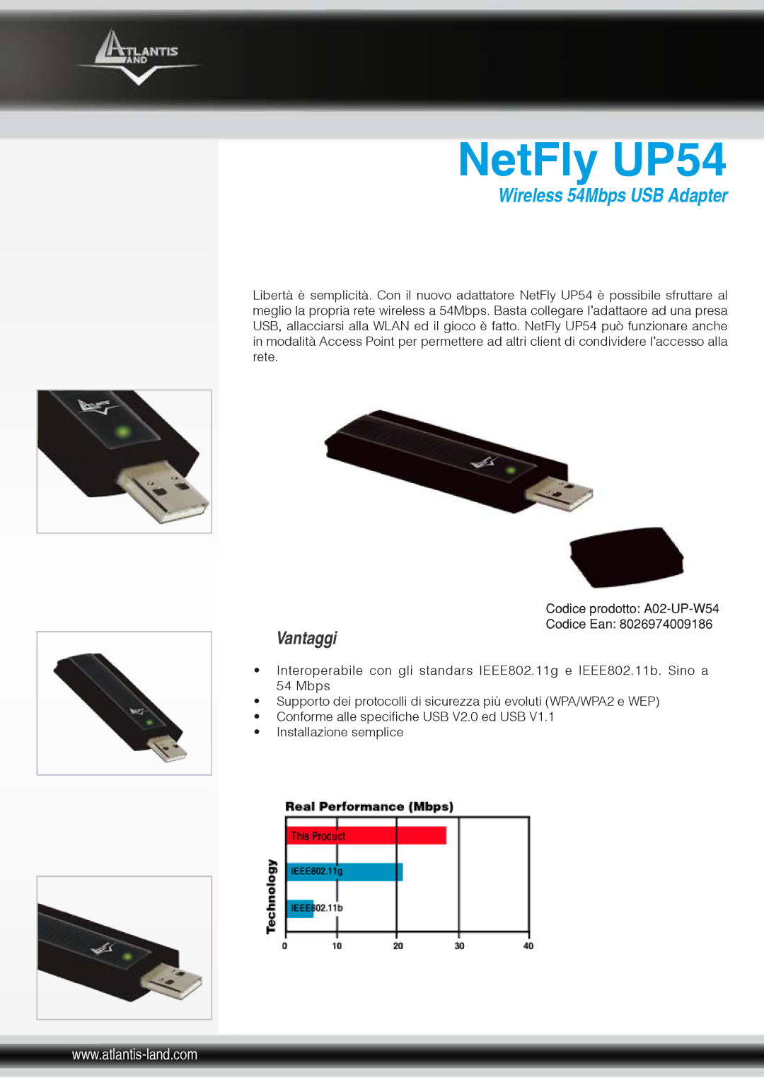 Atlantis Land manual NetFly UP54, Vantaggi, Wireless 54Mbps USB Adapter 