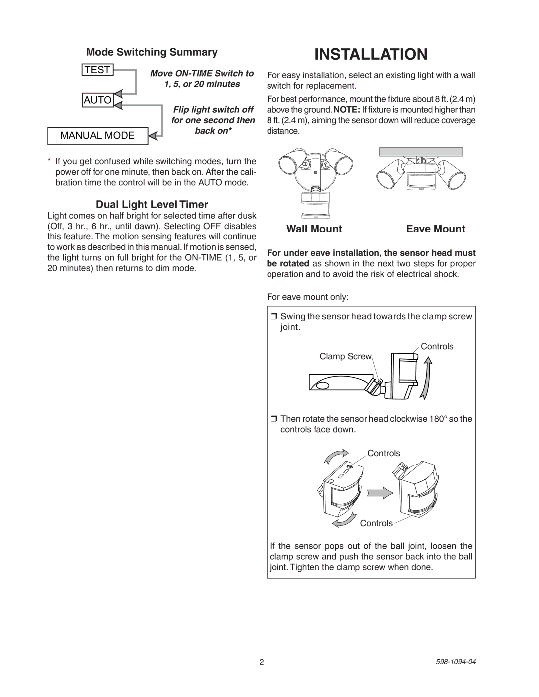 Atlas 240 Series manual Installation, Mode Switching Summary, Dual Light Level Timer, Wall Mount, Eave Mount 