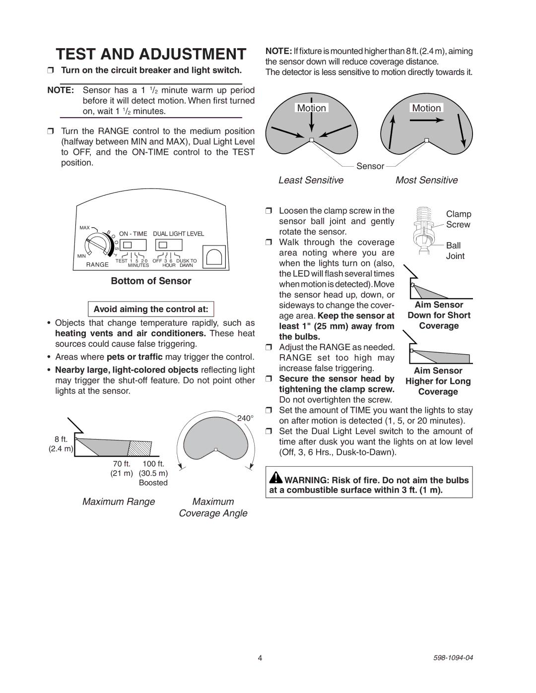 Atlas 240 Series manual Test and Adjustment, Bottom of Sensor, Turn on the circuit breaker and light switch 