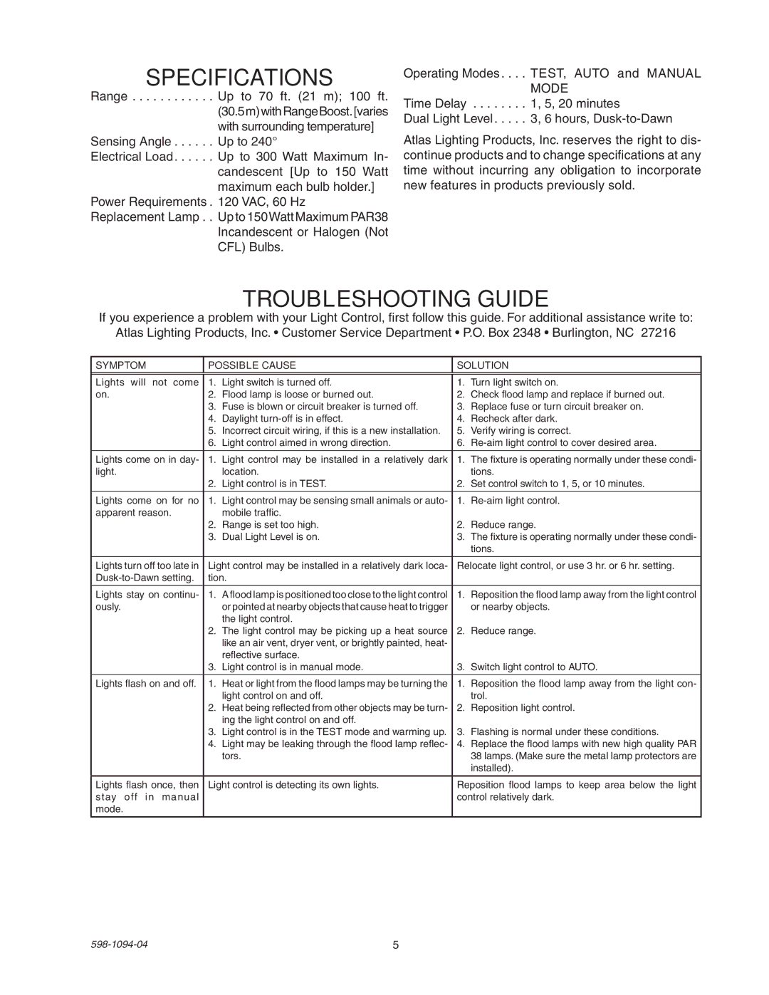 Atlas 240 Series manual Specifications, Troubleshooting Guide 