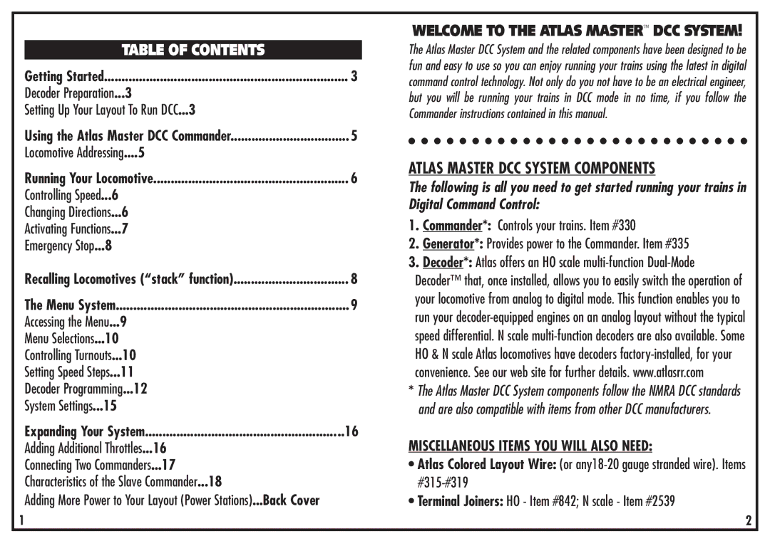 Atlas 330 instruction manual Table of Contents 