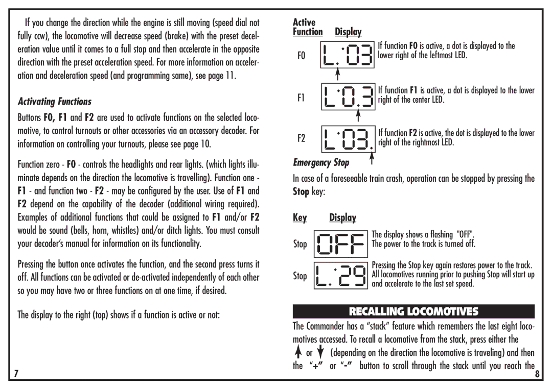 Atlas 330 Recalling Locomotives, Active Function Display, Activating Functions, Emergency Stop, Stop OFF Stop L..29 