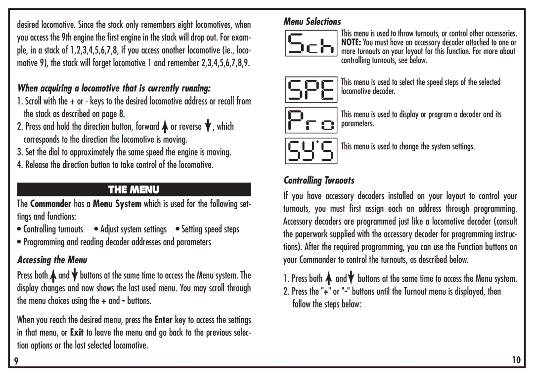 Atlas 330 instruction manual When acquiring a locomotive that is currently running, Accessing the Menu, Menu Selections 