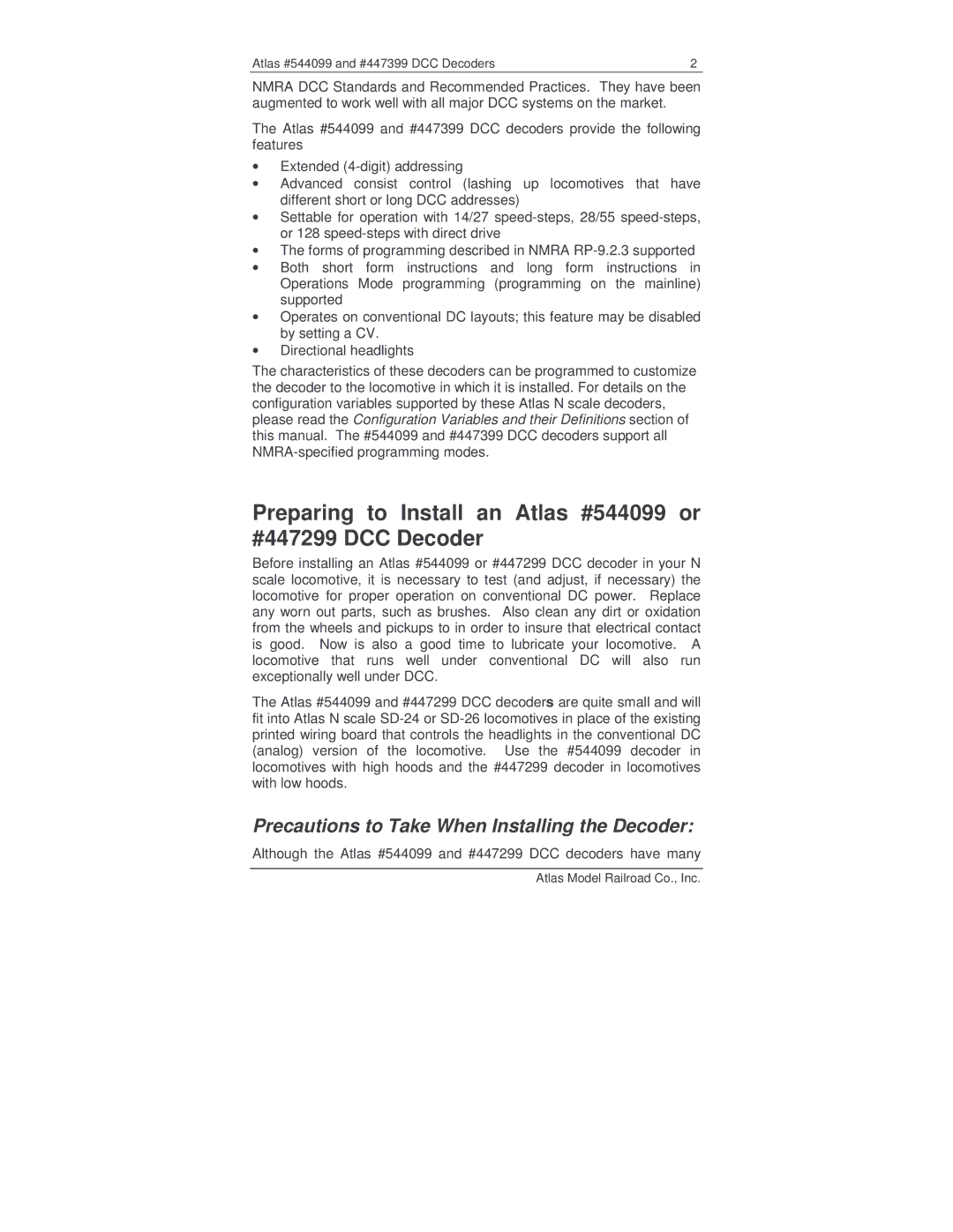 Atlas manual Preparing to Install an Atlas #544099 or #447299 DCC Decoder 