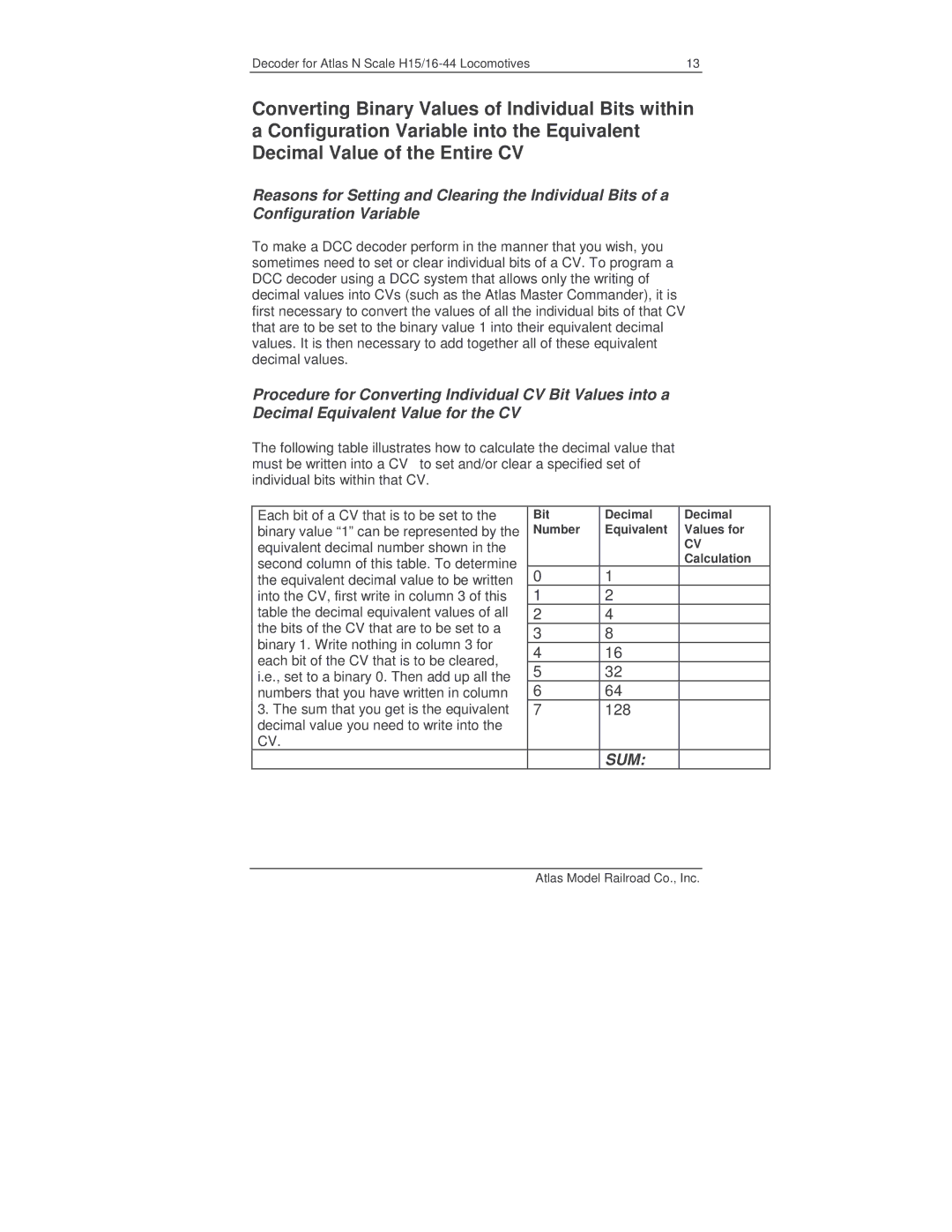 Atlas 520099 manual Bit Decimal, Number Equivalent Values for, Calculation 