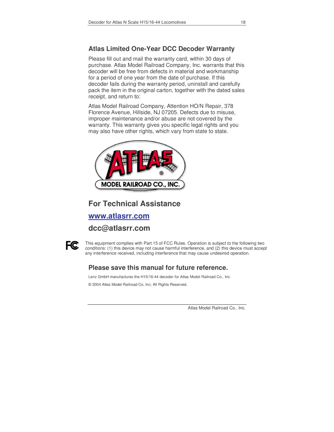 Atlas 520099 manual For Technical Assistance Dcc@atlasrr.com, Atlas Limited One-Year DCC Decoder Warranty 