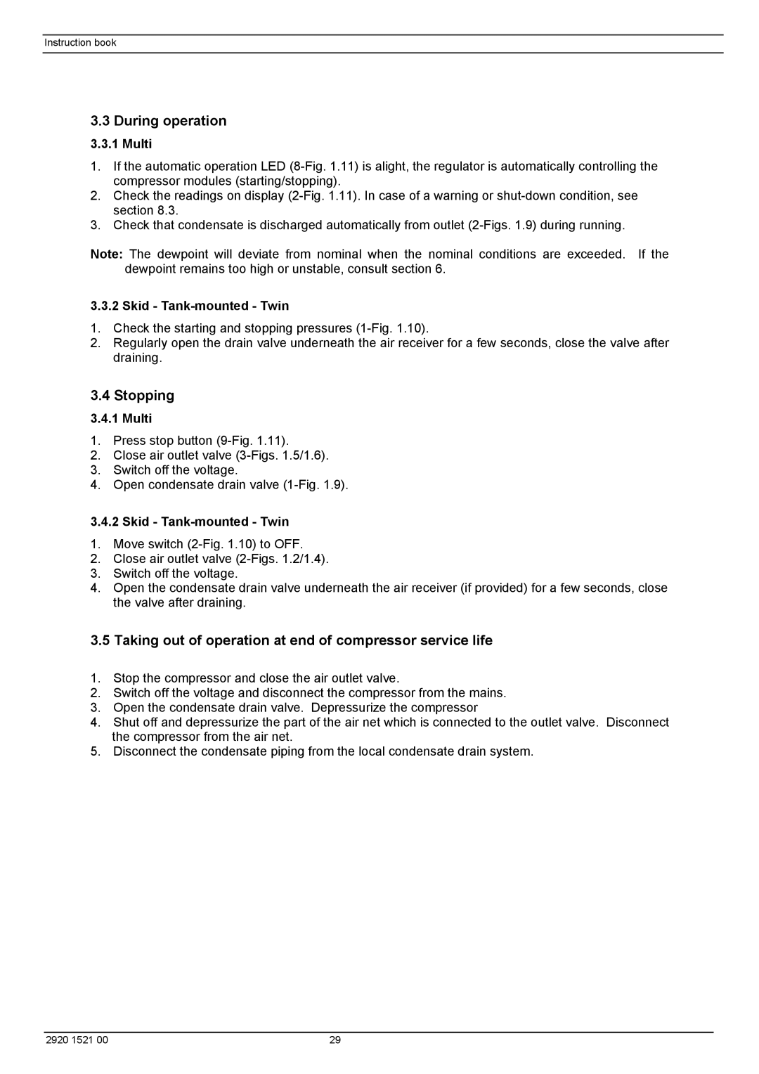 Atlas Air Compressor manual During operation, Stopping, Taking out of operation at end of compressor service life 