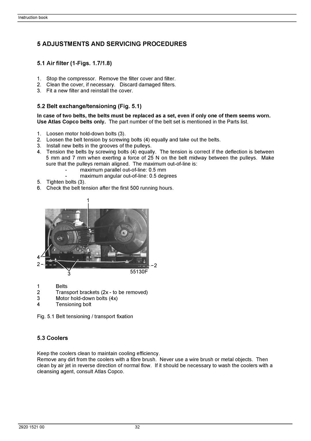 Atlas Air Compressor Adjustments and Servicing Procedures, Air filter 1-Figs .7/1.8, Belt exchange/tensioning Fig, Coolers 