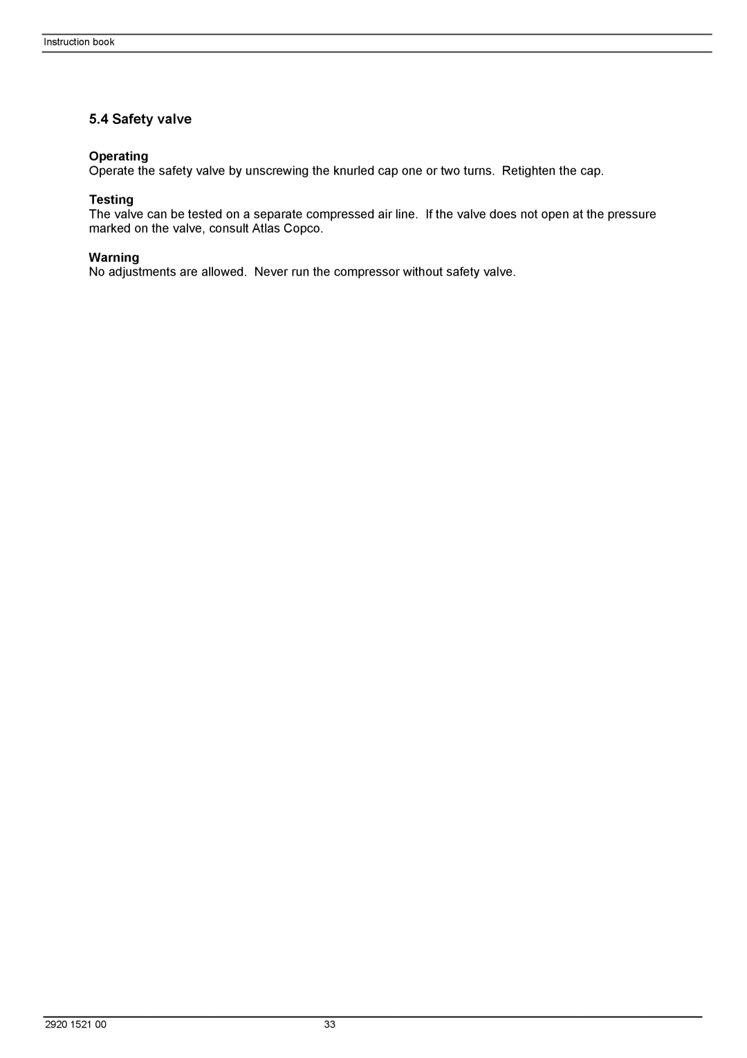 Atlas Air Compressor manual Safety valve, Operating, Testing 