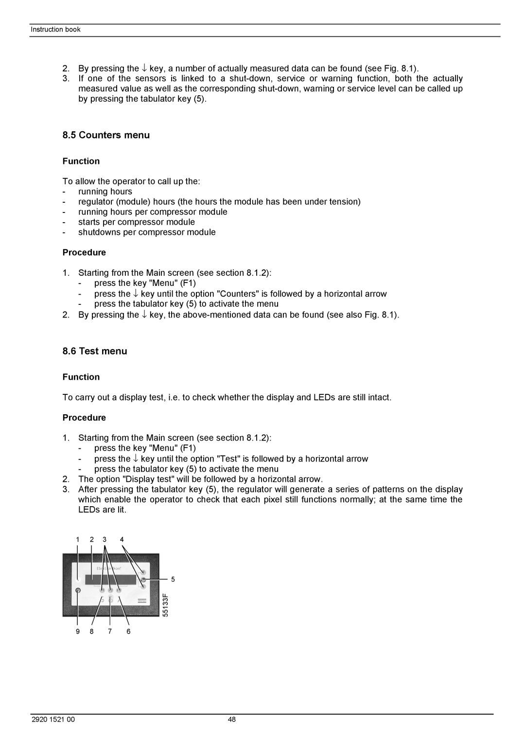 Atlas Air Compressor manual Counters menu, Test menu 