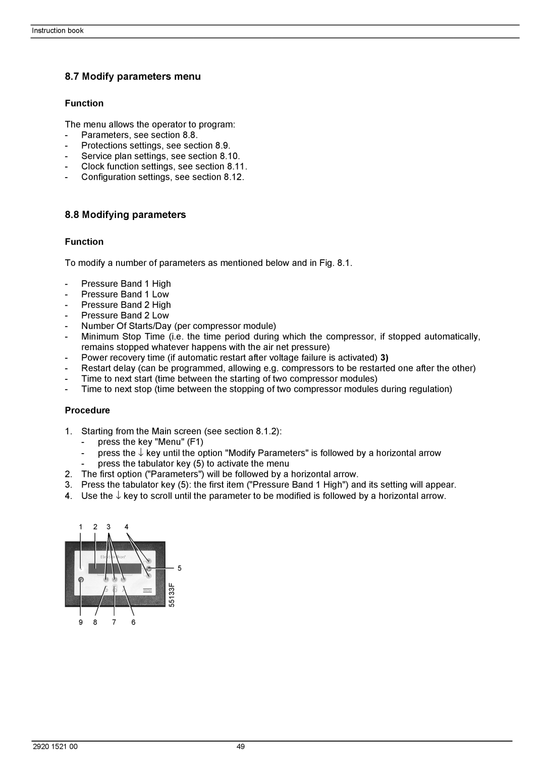 Atlas Air Compressor manual Modify parameters menu, Modifying parameters 