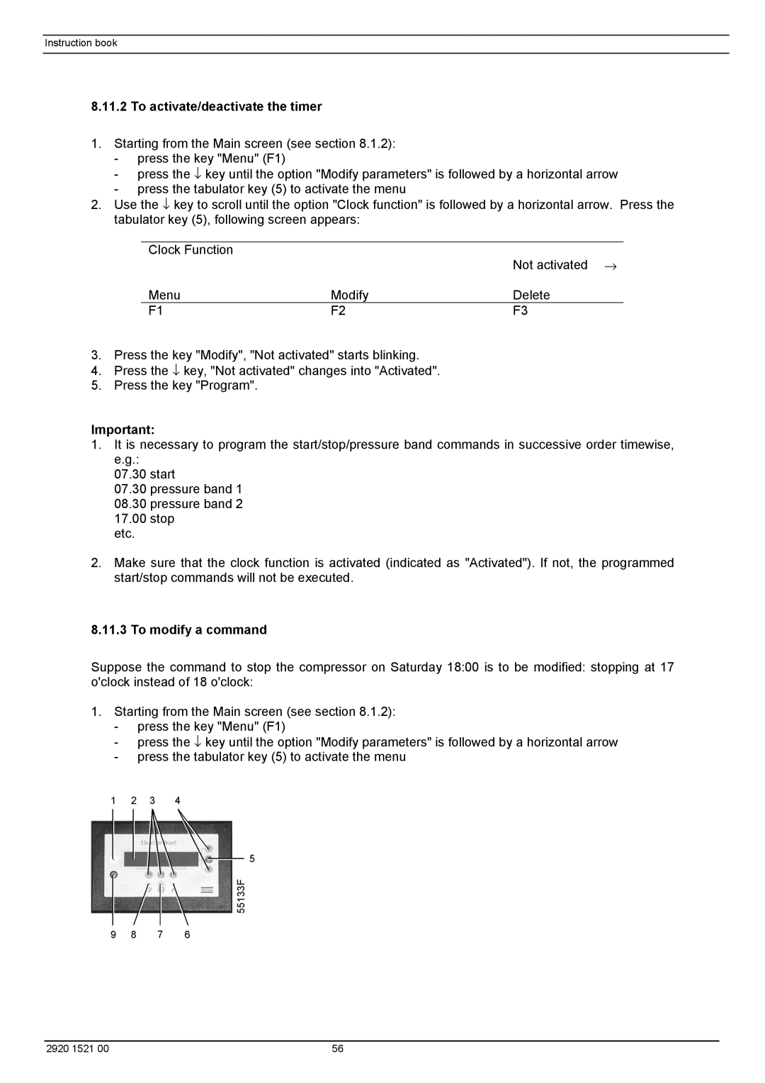 Atlas Air Compressor manual To activate/deactivate the timer, To modify a command 