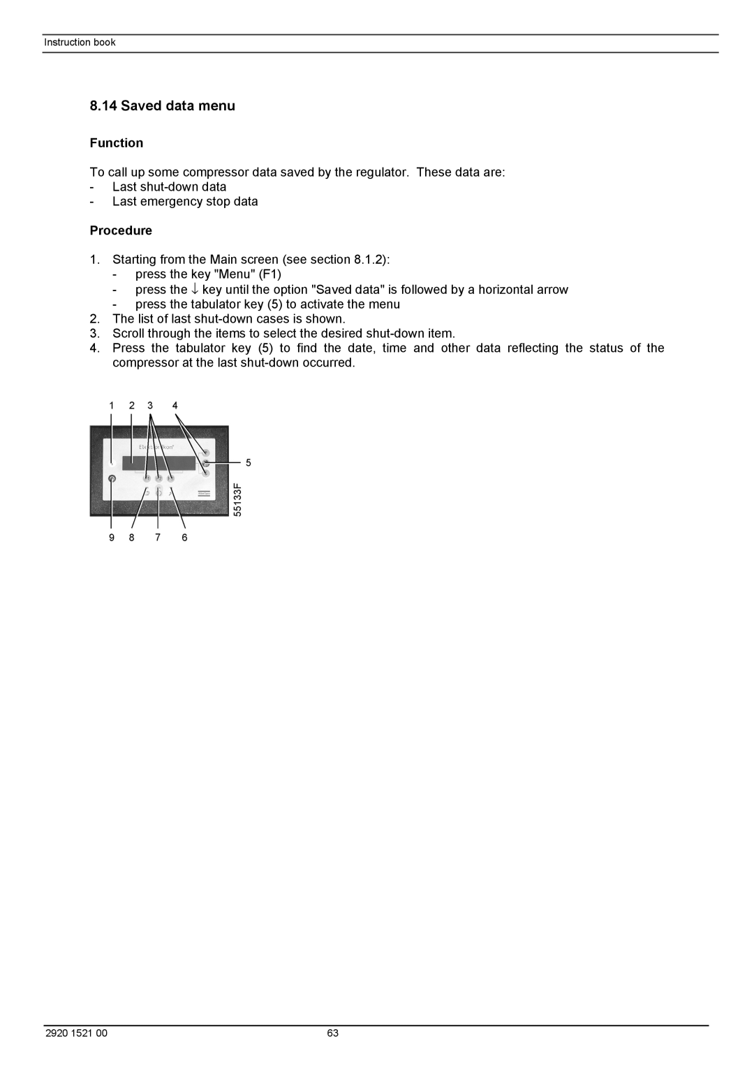 Atlas Air Compressor manual Saved data menu, Function 