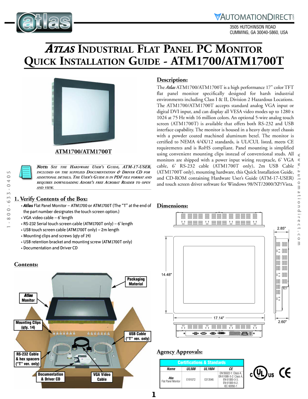 Atlas dimensions ATM1700/ATM1700T Description, Verify Contents of the Box, Agency Approvals 