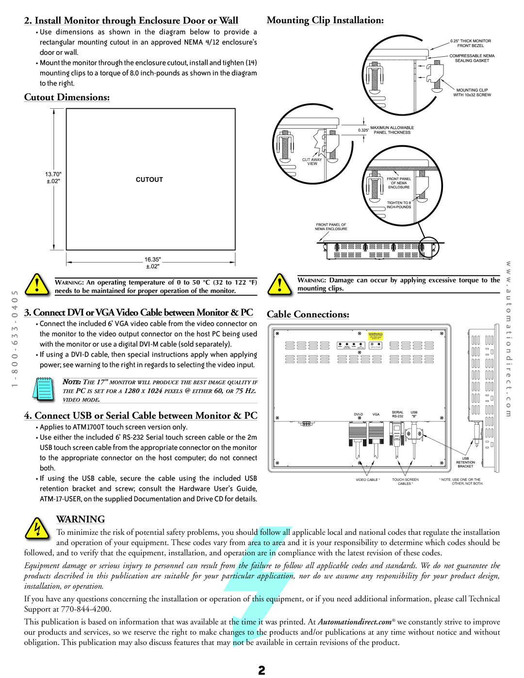 Atlas ATM1700T dimensions Install Monitor through Enclosure Door or Wall, Cutout Dimensions, Mounting Clip Installation 