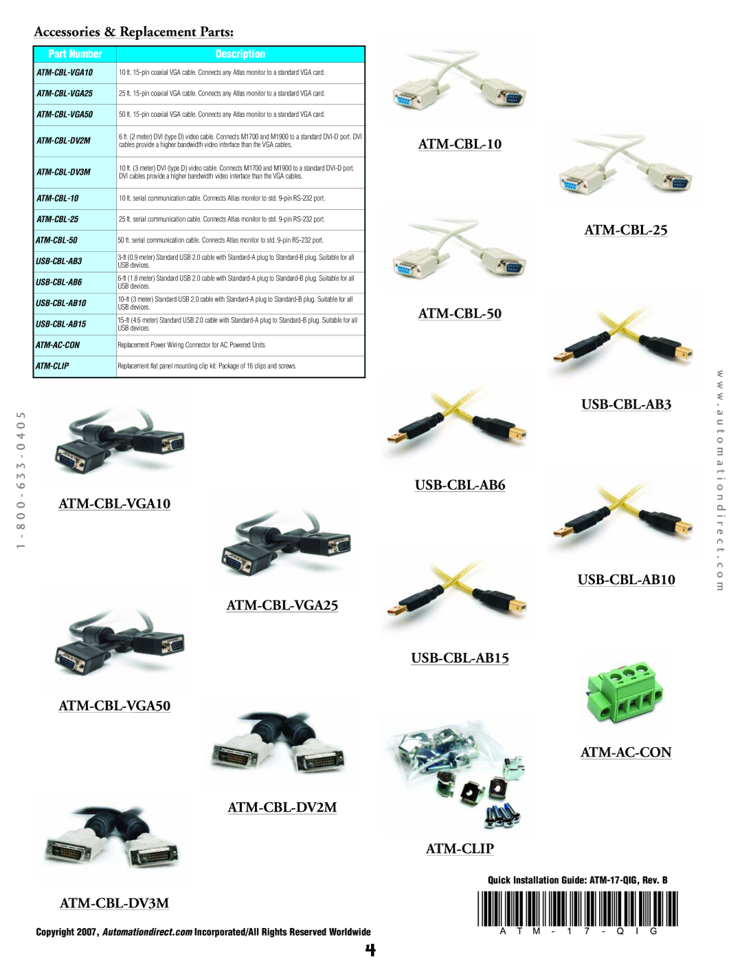 Atlas ATM1700T dimensions Accessories & Replacement Parts, 3 3 0 4 0, W . a u t o m a t i o n d i r e c t . c o m 