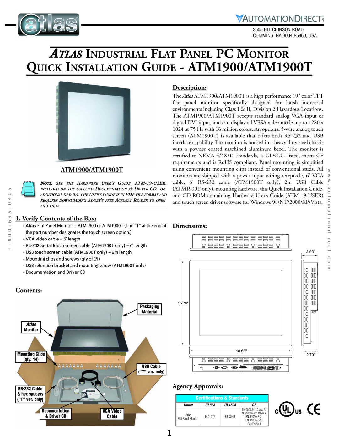 Atlas dimensions ATM1900/ATM1900T Description, Verify Contents of the Box, Agency Approvals 