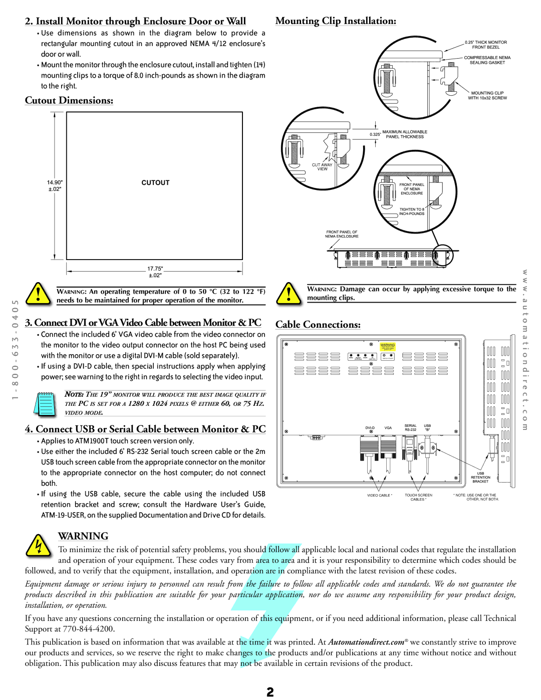 Atlas ATM1900T dimensions Install Monitor through Enclosure Door or Wall, Cutout Dimensions, Mounting Clip Installation 