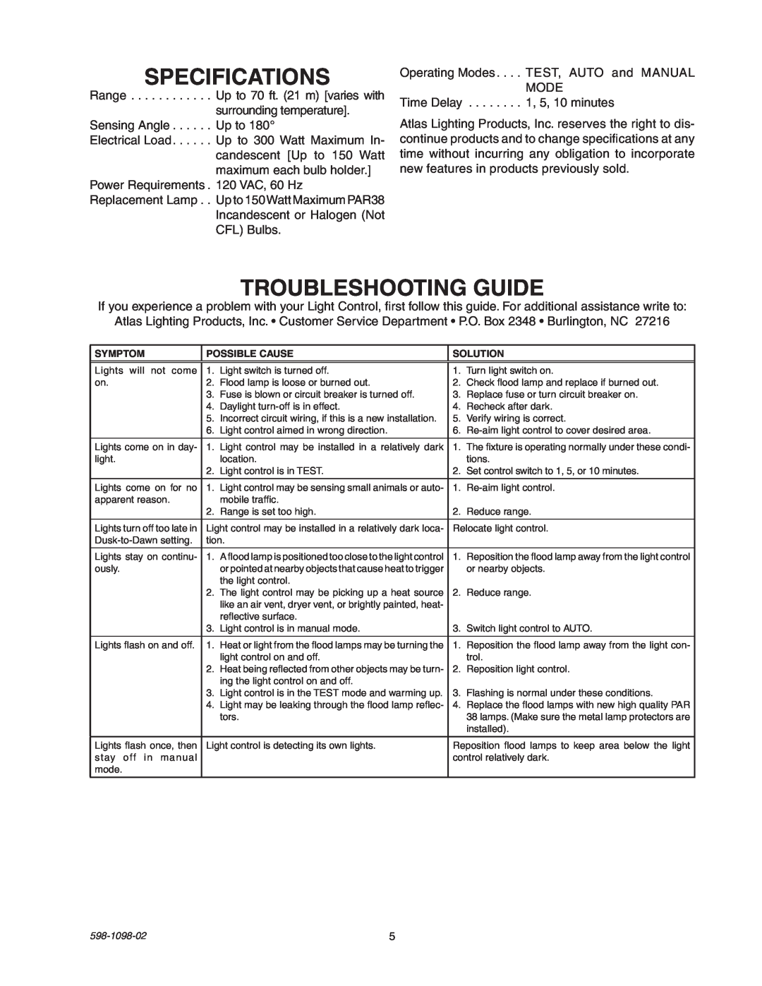Atlas MLGC180W, MLGC180B manual Specifications, Troubleshooting Guide 