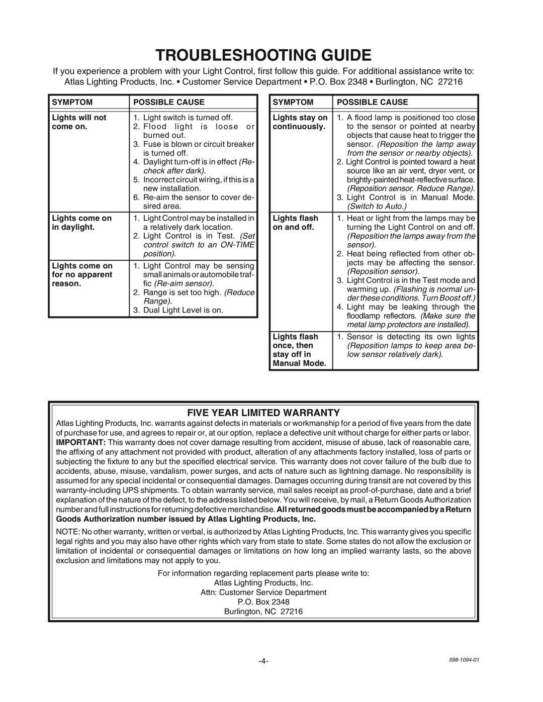 Atlas MLGC240W, MLGC240B manual Troubleshooting Guide, Five Year Limited Warranty 