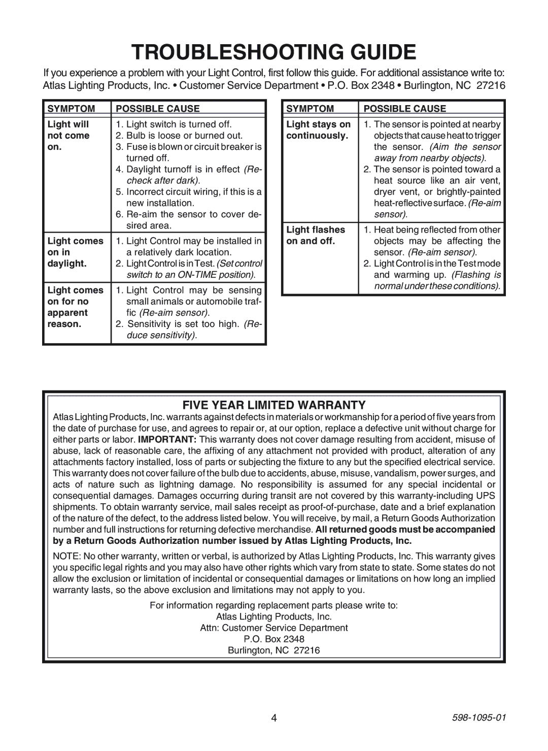 Atlas PLMS manual Troubleshooting Guide, Five Year Limited Warranty 