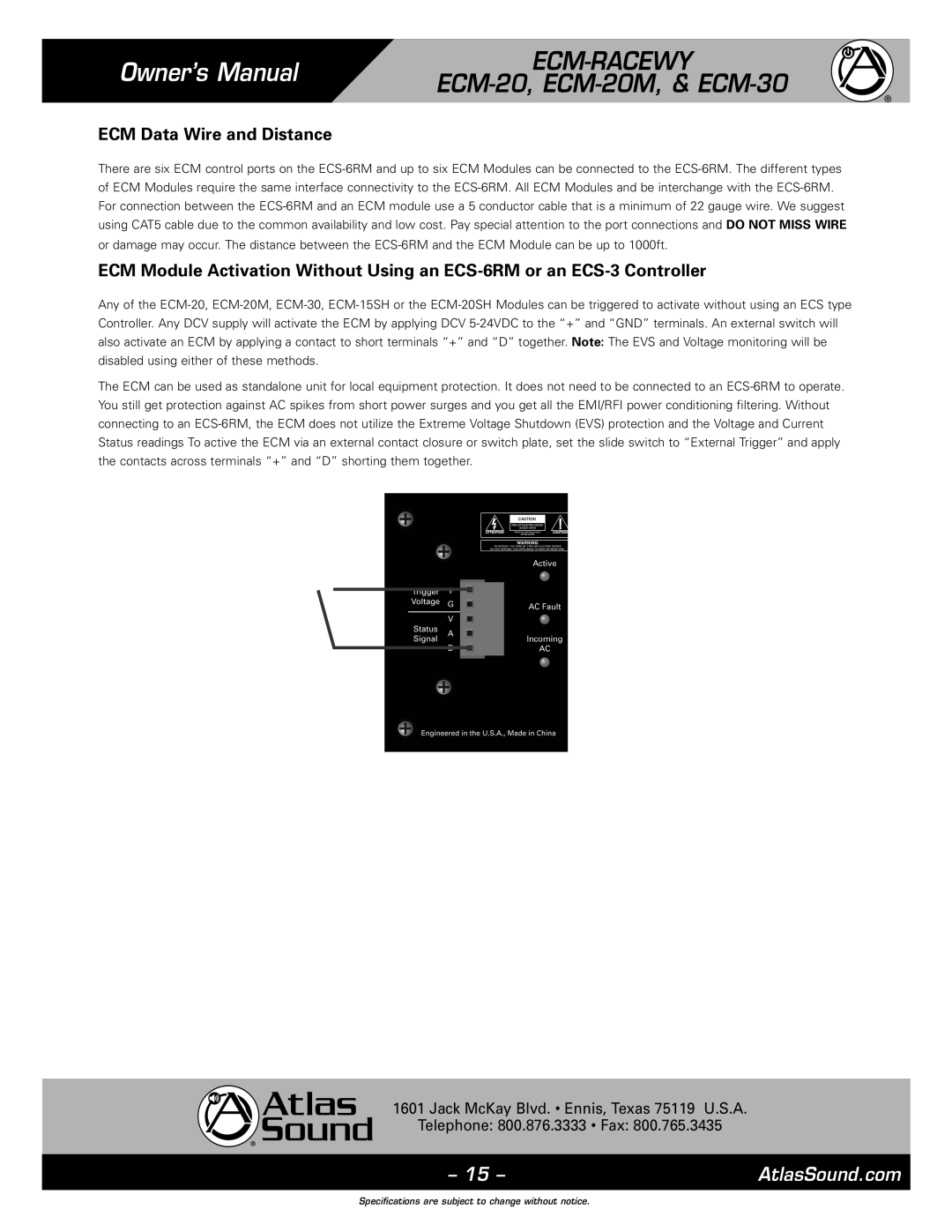 Atlas Sound 1, ECM-20M, ECM-RACEWY6, ECM-30 specifications ECM Data Wire and Distance 