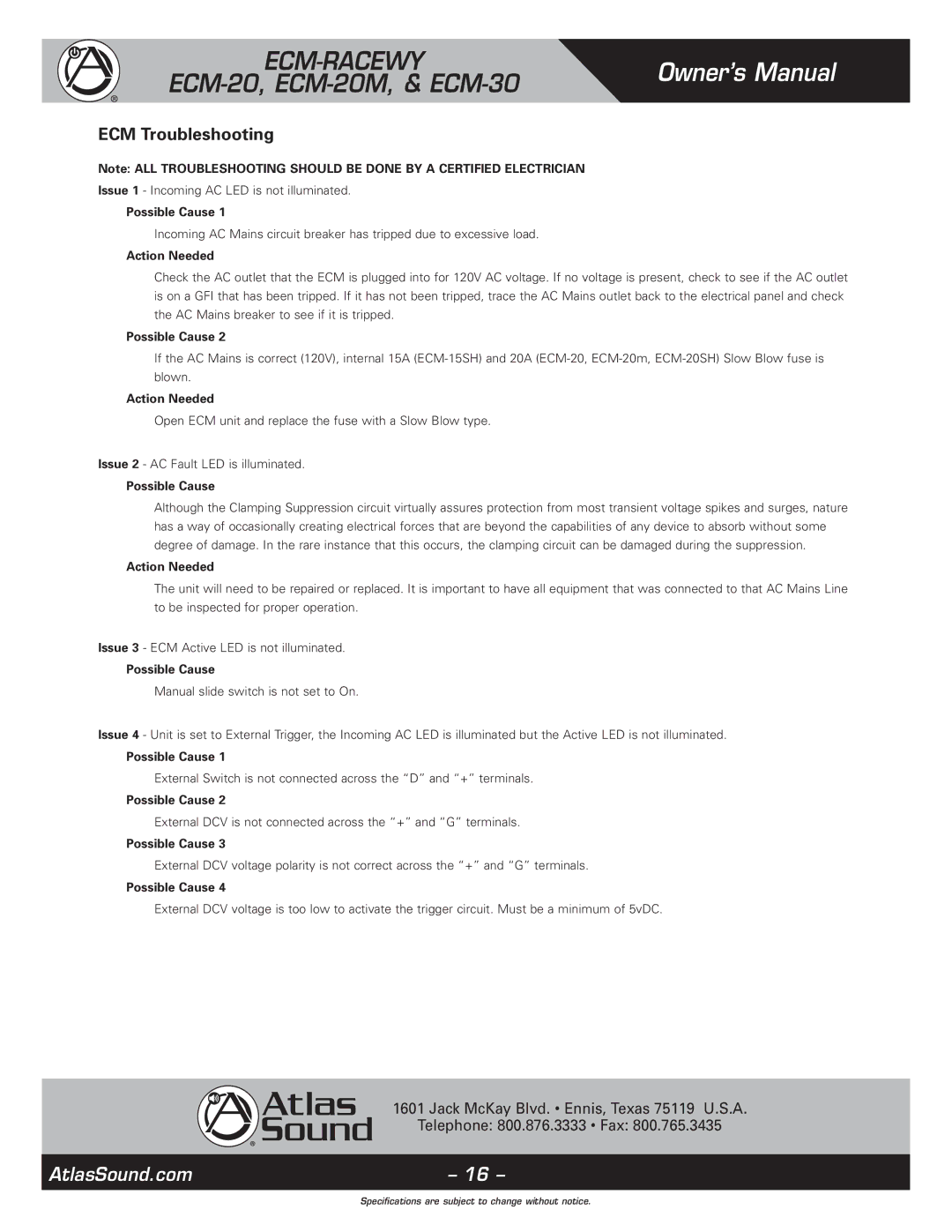 Atlas Sound ECM-30, 1, ECM-20M, ECM-RACEWY6 specifications ECM Troubleshooting, Possible Cause, Action Needed 