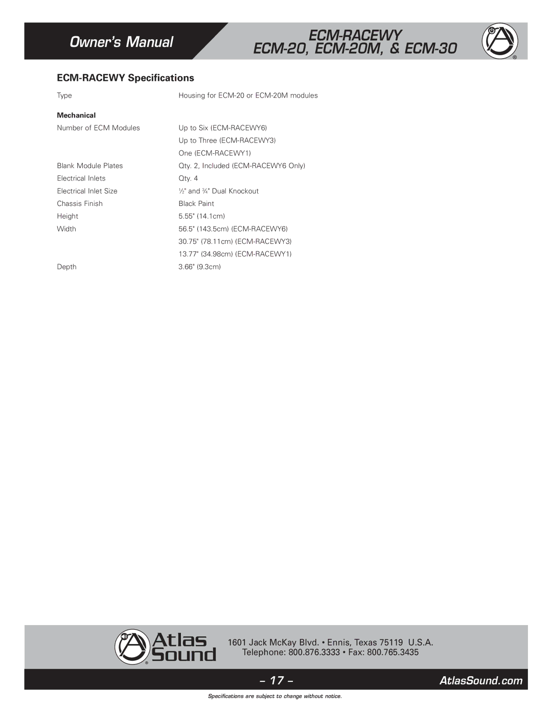 Atlas Sound 1, ECM-20M, ECM-RACEWY6, ECM-30 specifications ECM-RACEWY Specifications, Mechanical 