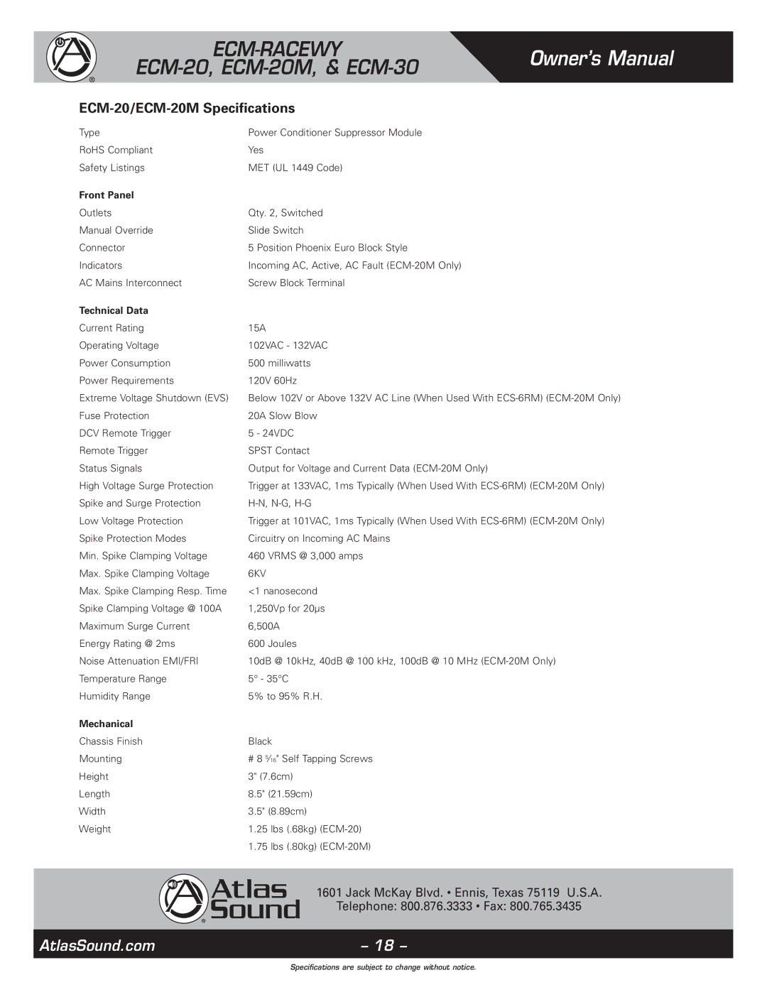 Atlas Sound 1, ECM-RACEWY6, ECM-30 specifications ECM-20/ECM-20M Specifications, Front Panel, Technical Data 